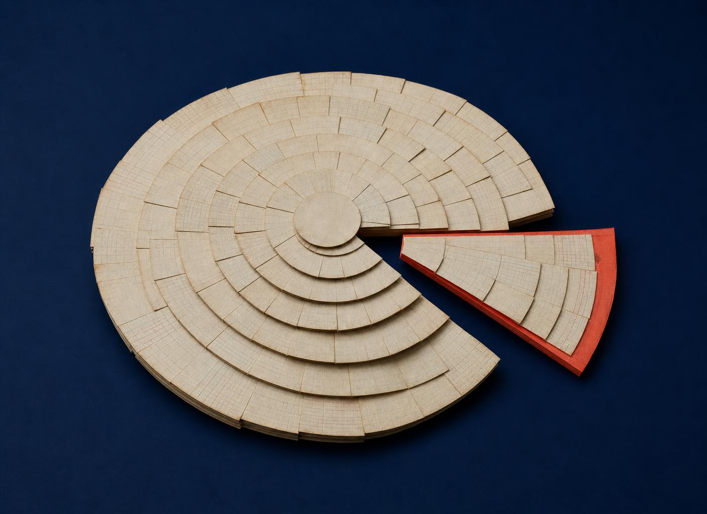 Paper-craft disc of concentric cream card rings with one coral wedge separated